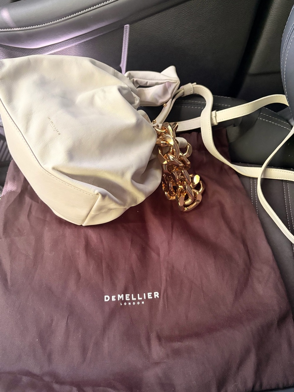 DeMellier Cream Leather Shoulder Bag with Gold Chain Accent